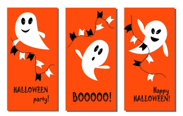 Conjunto de plantillas de postales con fantasmas divertidos. Feliz Halloween. Ilustración vectorial — Vector de stock
