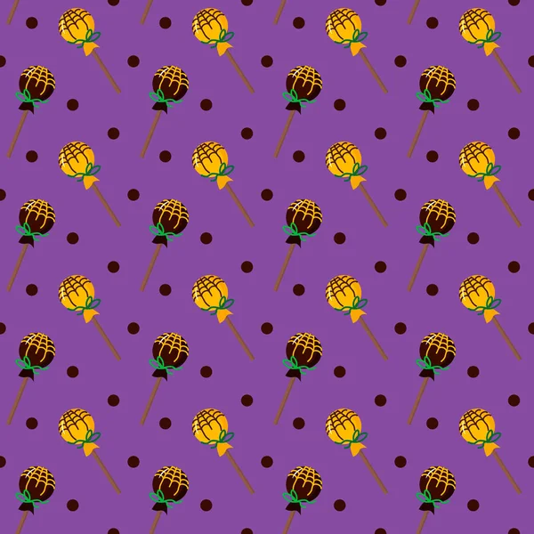 Pirulitos multicoloridos para o Halloween. Padrão com doces amarelos e marrons em um fundo roxo. — Vetor de Stock