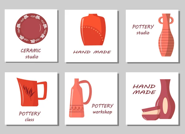 Un juego de cartas para el taller de cerámica. Imágenes de varios artículos hechos a mano - jarrones, platos, jarra y cuencos. — Vector de stock