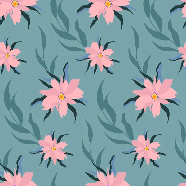 Een patroon van grote magnolia bloemen. Roze bloemen op een grijze achtergrond. — Stockvector