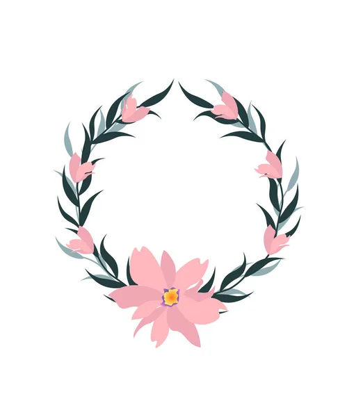 Kranz mit rosa Blüten und Blättern. Kartenvorlage mit Platz für Text. Vektorillustration. — Stockvektor