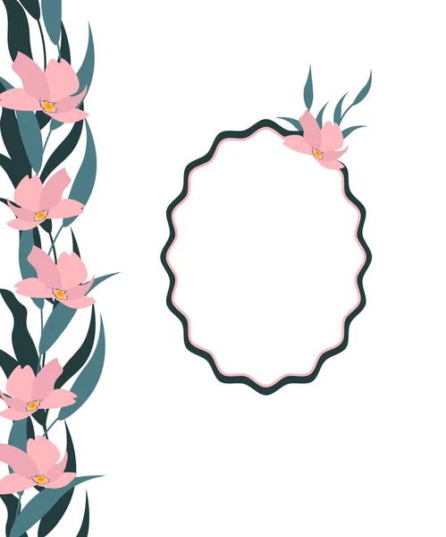 Πρότυπο ταχυδρομικής κάρτας με ροζ λουλούδια. Floral σχεδιασμός σε λευκό φόντο για το κείμενό σας. — Διανυσματικό Αρχείο