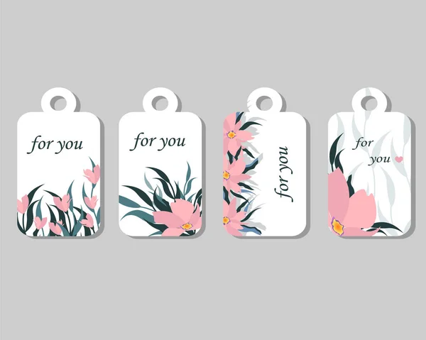 Etikettenset mit rosa Blüten und Blättern. Vektorillustration mit Platz für Text. — Stockvektor