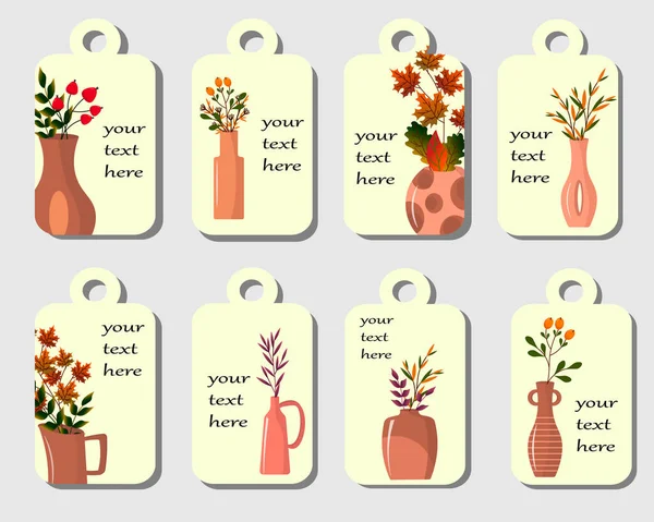 Set di etichette con vasi di argilla e foglie autunnali. Illustrazione vettoriale. — Vettoriale Stock