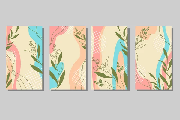 Un juego de cartas con manchas abstractas y plantas. Colores pastel. — Vector de stock