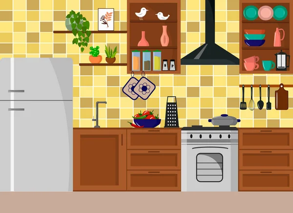 Інтер'єр кухні з холодильником, плитою і предметами для приготування їжі. Дерев'яні фасади шаф з сучасним дизайном . — стоковий вектор