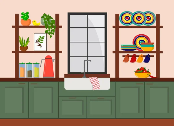 Интерьер кухни с окном и различными кухонными принадлежностями. Векторная иллюстрация. — стоковый вектор