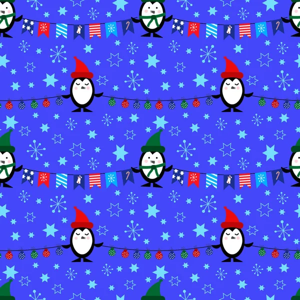 Muster mit Pinguinen, Weihnachtskugeln und Fahnen. Vektorillustration. — Stockvektor
