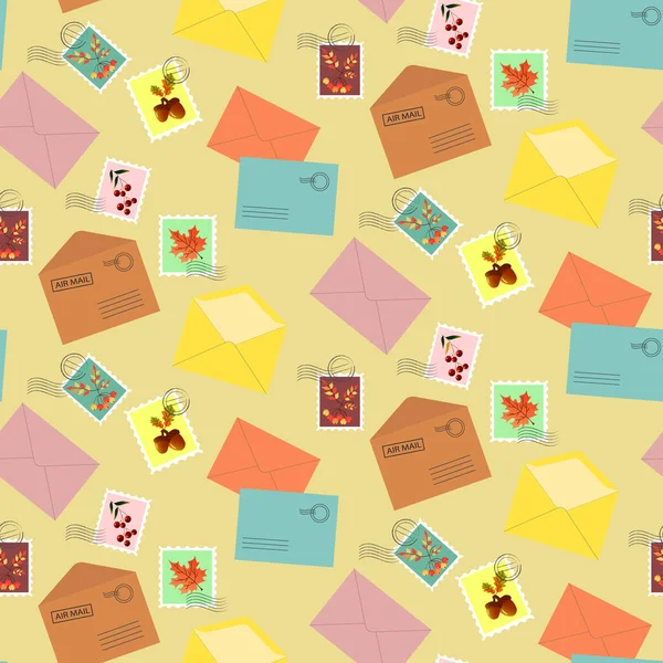 Φάκελοι και γραμματόσημα με φθινοπωρινά φύλλα. Απρόσκοπτη μοτίβο σε μπεζ φόντο. — Διανυσματικό Αρχείο