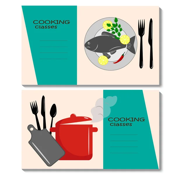 Flyer für einen kulinarischen Meisterkurs. Set mit Teller und Fisch, Topf und Kochutensilien. — Stockvektor