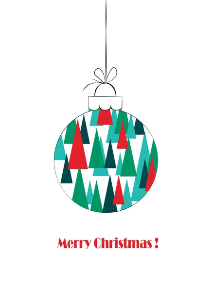 Μπάλα με μοτίβο χριστουγεννιάτικων δέντρων. Κάρτα για τις γιορτές. Εικονογράφηση διανύσματος σε λευκό φόντο με κείμενο. — Διανυσματικό Αρχείο