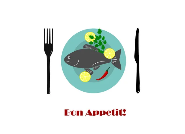 Тарелка с рыбой, лимоном и петрушкой. Вид сверху. Готовая еда на столе. Векторная иллюстрация — стоковый вектор