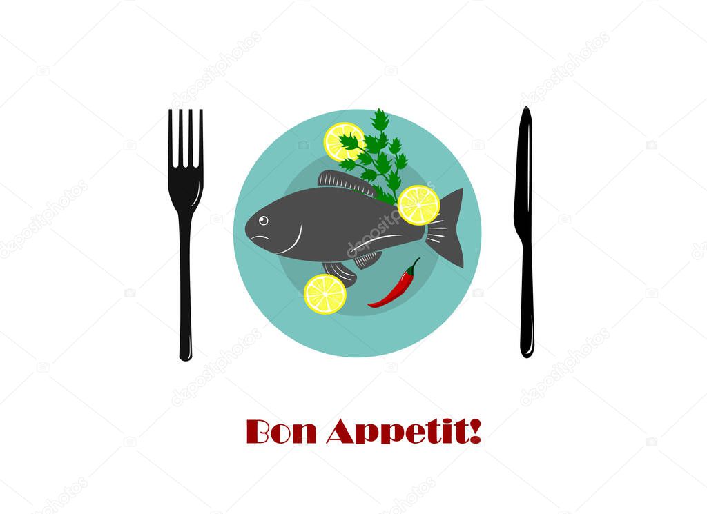 Plate with fish, lemon and parsley. Top view. Ready food on the table. Vector illustration