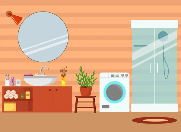 배틀 룸 인테리어 삽화. 샤워, 싱크대, 세면대, 거울로 목욕하는 일. — 스톡 벡터