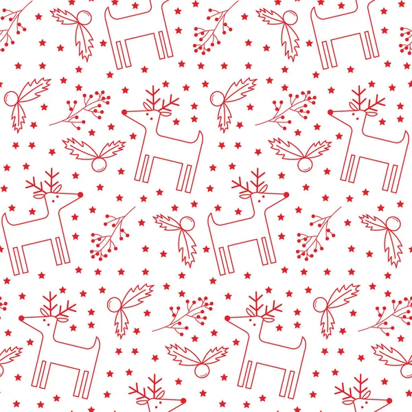Vánoční vzor s jelenem, cesmínou a větví s červenými bobulemi. Obrys ilustrace. — Stockový vektor
