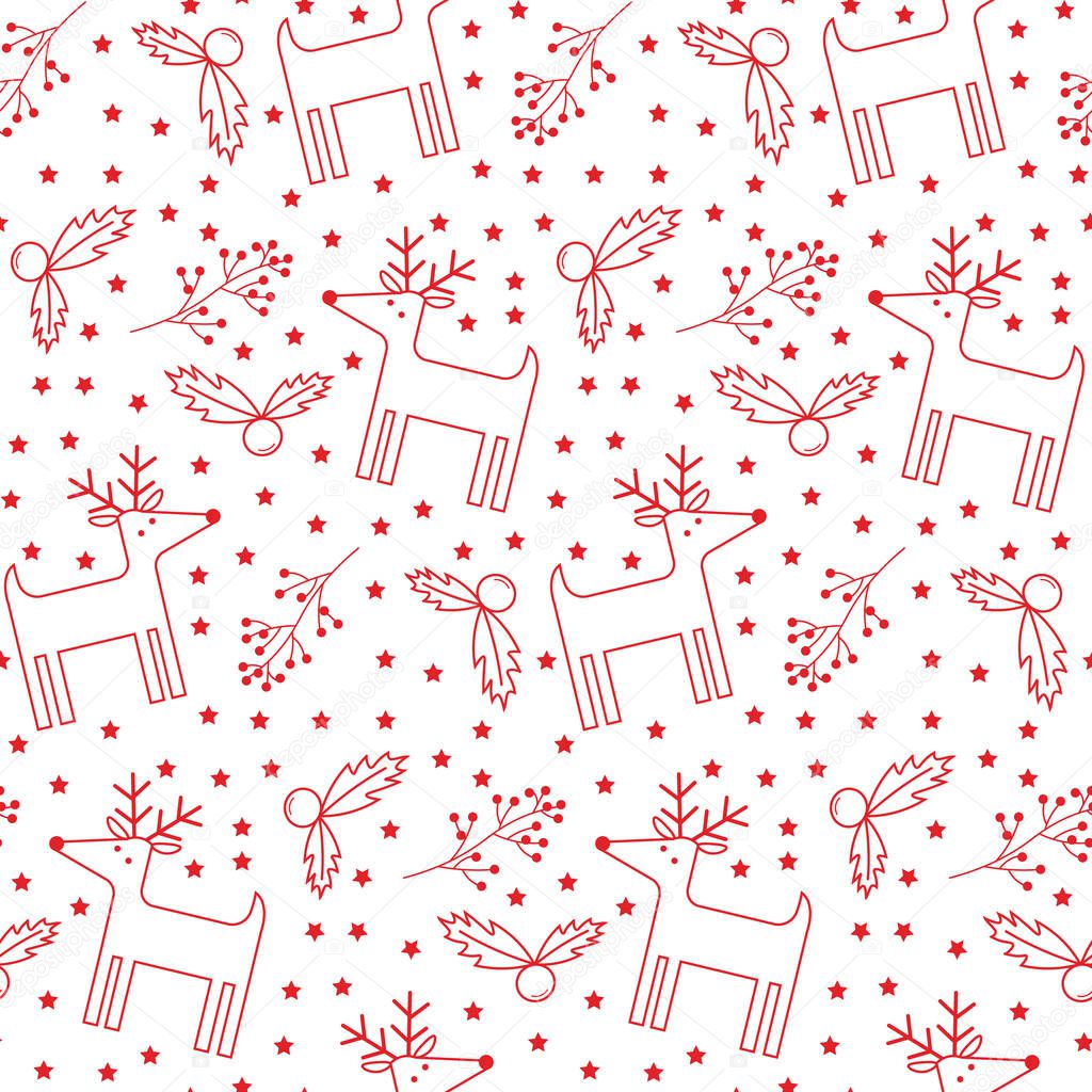 Christmas pattern with deer, holly and branch with red berries. Outline illustration.