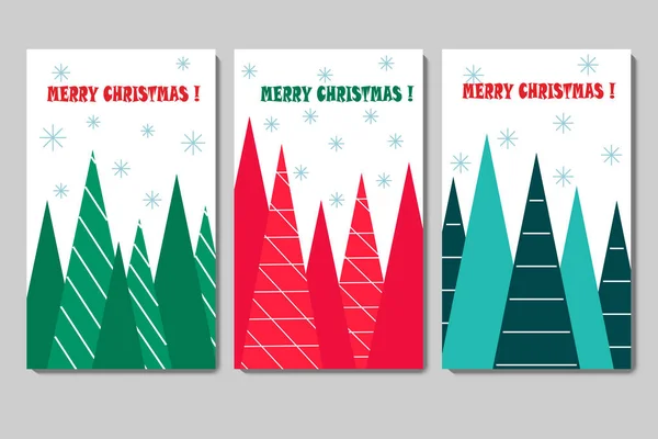 Cartões decorativos de Natal. Um conjunto de modelos. Árvores de Natal estilizadas em azul, verde e vermelho. — Vetor de Stock