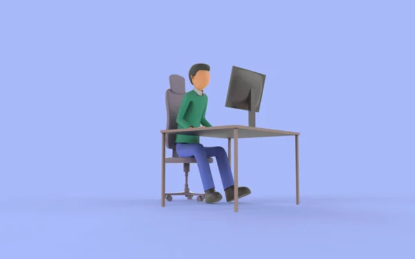 コンピュータのあるテーブルで男の3Dレンダリング — ストック写真