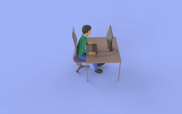 Darstellung Eines Mannes Einem Tisch Mit Einem Computer — Stockfoto
