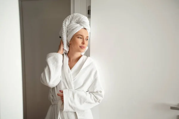 Beautiful Young Woman White Robe Interior — Stock Photo, Image
