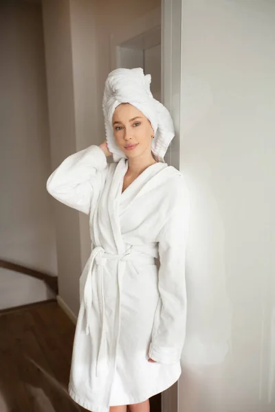 Beautiful Young Woman White Robe Interior — Stock Photo, Image