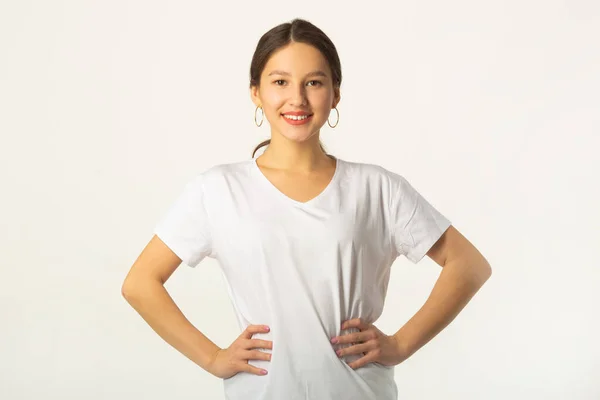 Beautiful Young Woman White Shirt White Background — Stock Photo, Image