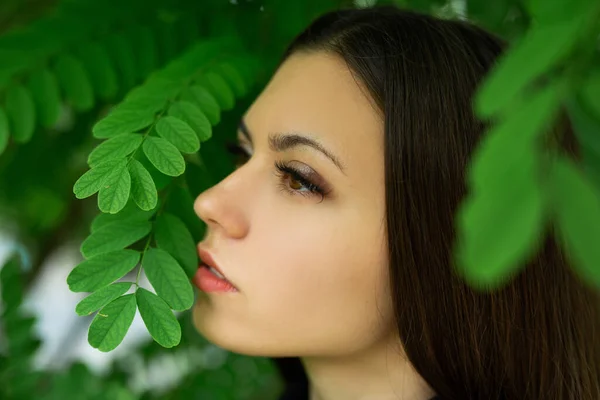 淡淡的形象 由一位接近绿叶的美丽女子妆容而成 — 图库照片