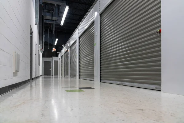 Storage Warehouse Interior Metal Garage Doors Locks Low Angle Shot — Stock Photo, Image