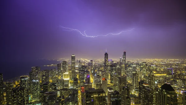 Chicago downtown night panorama during thunderstorm — Stock Photo, Image