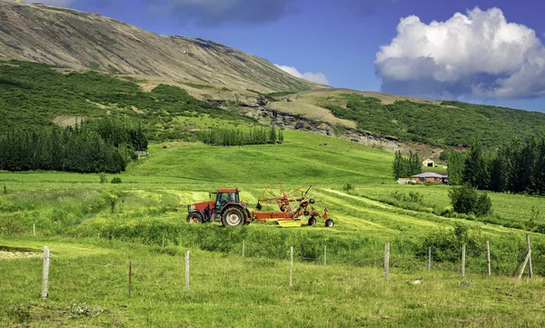 Groene weide met een trekker in hoge bergen — Stockfoto