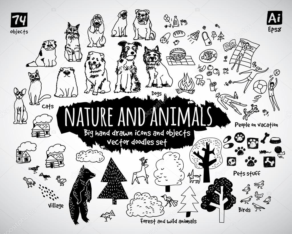 animal and nature doodles icons