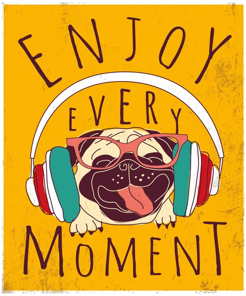 Pug heureux profiter de la musique — Image vectorielle