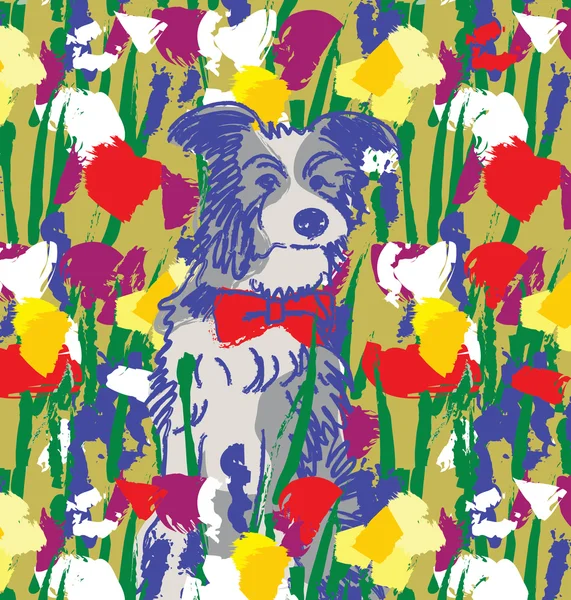 Dog in flowers happy animal — Stock Vector