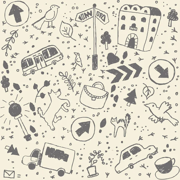 Doodles ciudad fondo patrón sin costuras — Vector de stock