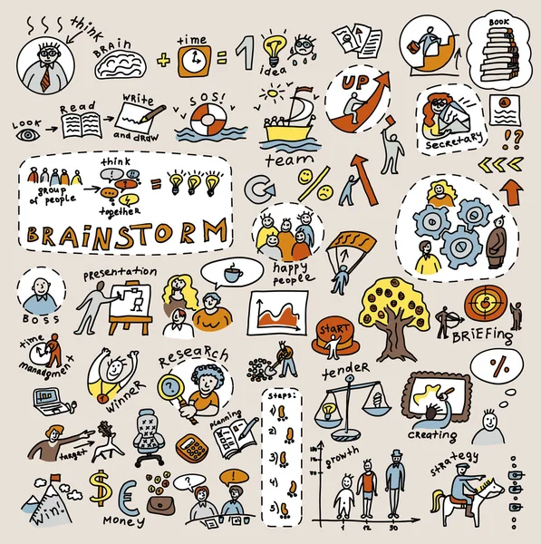 Creatieve en zakelijke gekleurde pictogrammen doodles — Stockvector