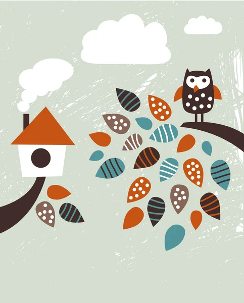 Птичий дом и сова на бранче — стоковый вектор