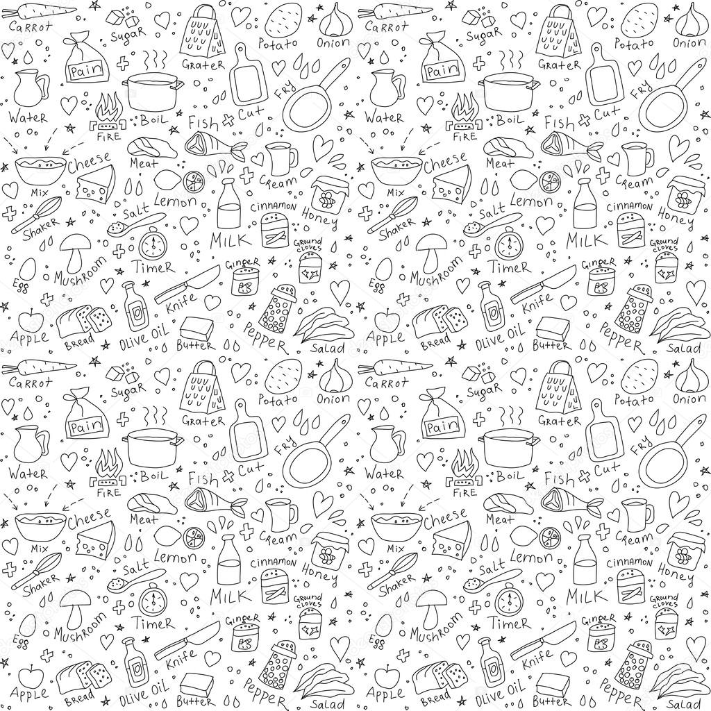Cook objects doodles seamless pattern