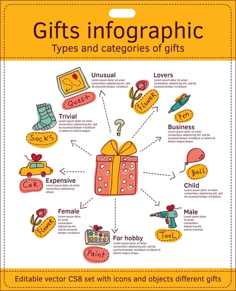 Infografía con tipos de regalos — Vector de stock