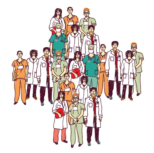 Ιατρική σύμβολο με ομάδα ιατρών — Διανυσματικό Αρχείο