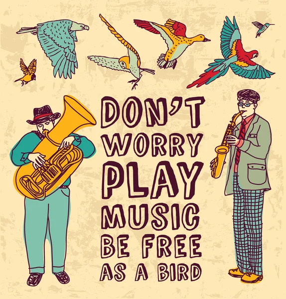 Affiche avec musiciens et oiseaux — Image vectorielle