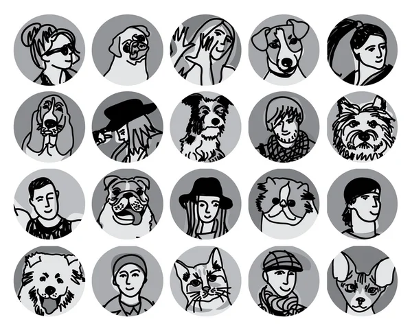 Iconos redondos con personas y animales domésticos — Vector de stock