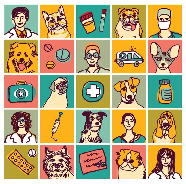 Veterinary icons, objects, pets and doctors — Stock Vector