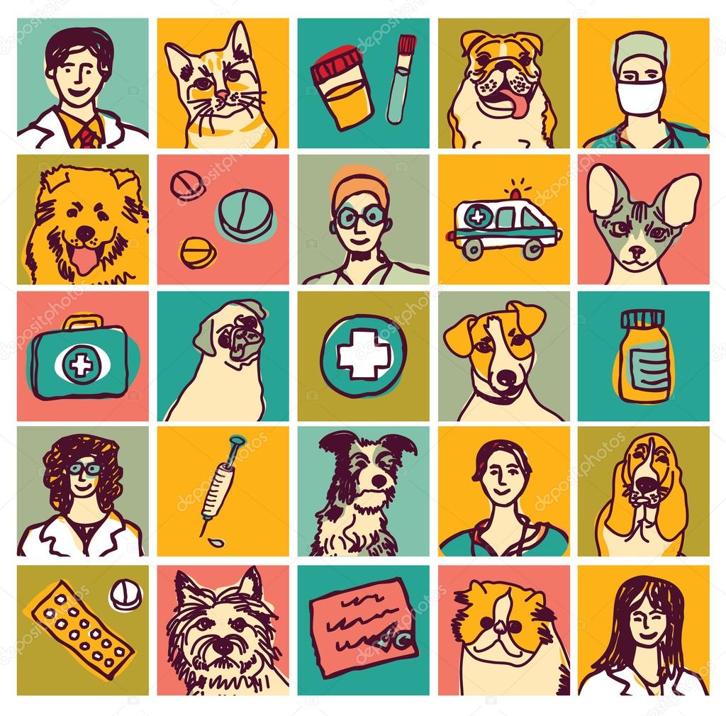 veterinary icons, objects, pets and doctors