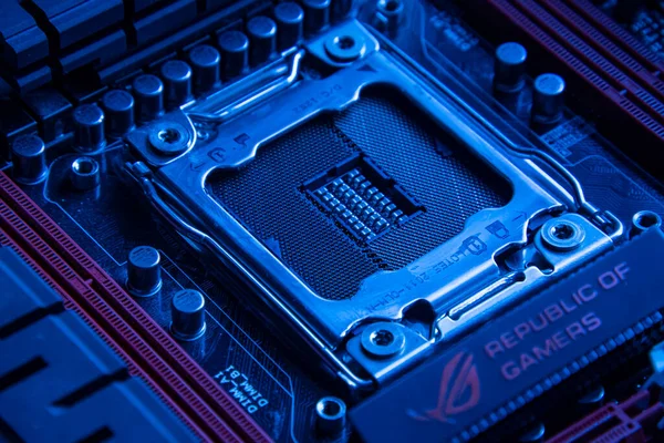 Los Angeles Usa April 2021 Detail Cpu Motherboard Gaming Blue — 스톡 사진