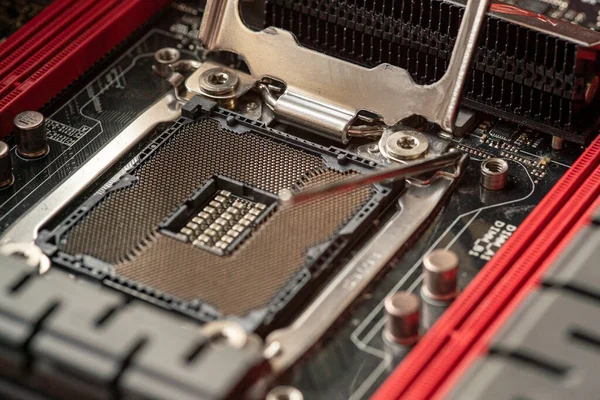 Detalhe Soquete Cpu Uma Placa Mãe Jogos — Fotografia de Stock