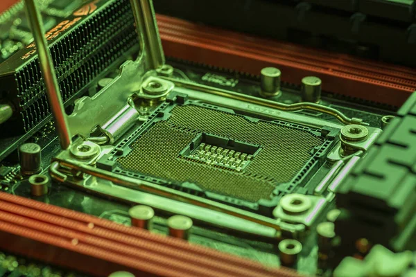 Detalhe Soquete Cpu Uma Placa Mãe Jogos Luz Verde — Fotografia de Stock