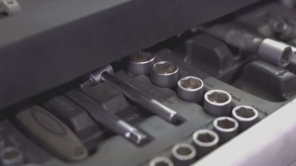 Detail Zásuvky Zásuvkovými Klíči Dílně — Stock video
