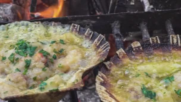 Macro Dettaglio Capesante Alla Griglia Bbq — Video Stock