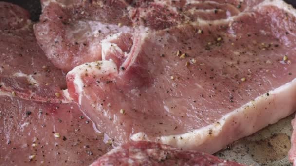 Carne Cruda Sazonada Carne Filete Embutidos Listos Para Barbacoa — Vídeos de Stock