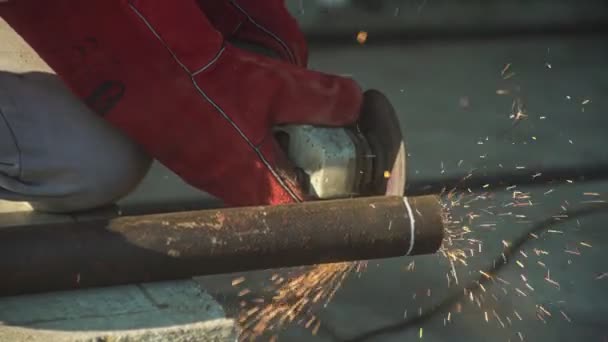 Detail Angle Grinder Cuts Iron Profile — Stock Video